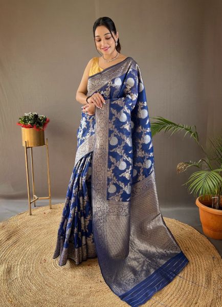Royal Blue Woven Linen-Cotton Saree For Traditional / Religious Occasions