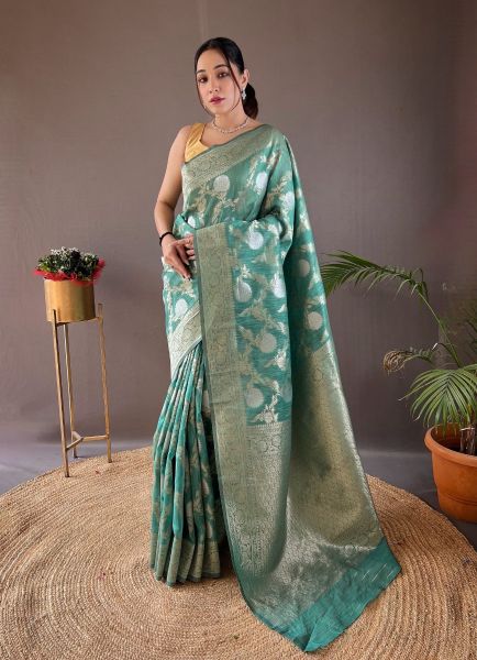 Tea Blue Woven Linen-Cotton Saree For Traditional / Religious Occasions