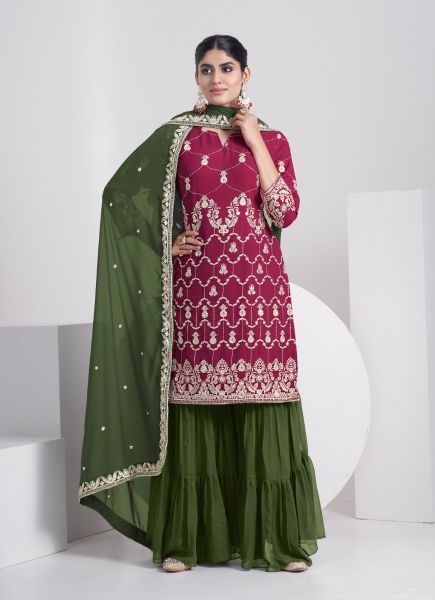 Dark Magenta Faux Georgette With Thread, Sequins & Embroidery Work Ramadan-Special Gharara-Bottom Salwar Kameez