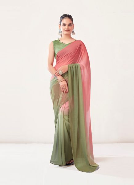 Light Coral & Olive Green Georgette Shaded Ready-To-Wear Saree [Alia Bhatt Inspired Collection]