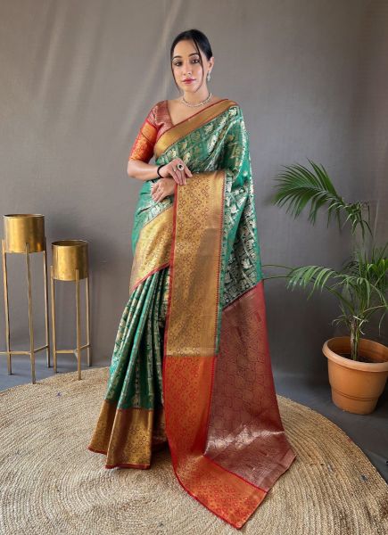 Teal Green Woven Silk Pattu (Temple-Border) Saree For Traditional / Religious Occasions