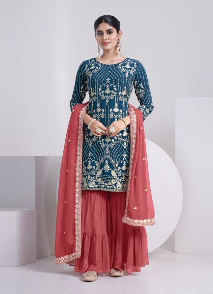 Sea Blue Faux Georgette With Thread, Sequins & Embroidery Work Ramadan-Special Gharara-Bottom Salwar Kameez