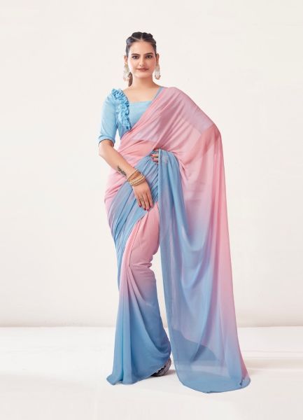 Pink & Light Sky Blue Georgette Shaded Ready-To-Wear Saree [Alia Bhatt Inspired Collection]