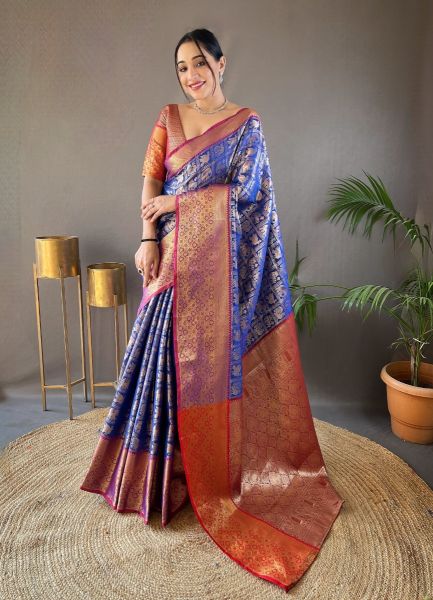 Royal Blue Woven Silk Pattu (Temple-Border) Saree For Traditional / Religious Occasions