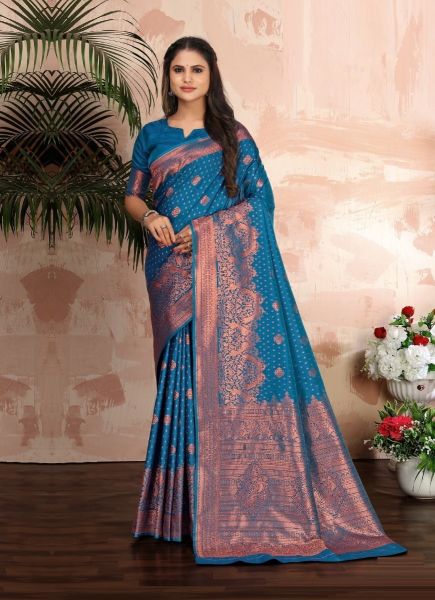 Sea Blue Banarasi Silk Weaving Festive-Wear Saree