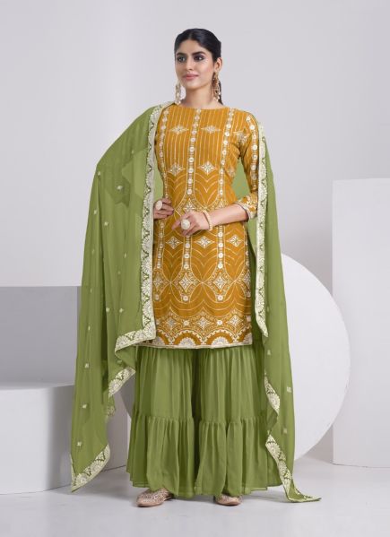 Orange Faux Georgette With Thread, Sequins & Embroidery Work Ramadan-Special Gharara-Bottom Salwar Kameez