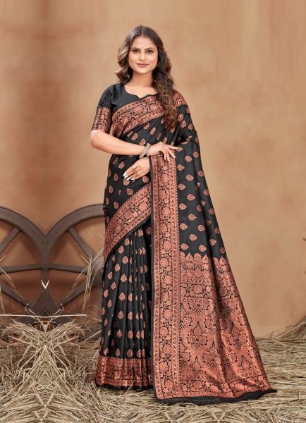 Black Banarasi Silk Weaving Festive-Wear Saree