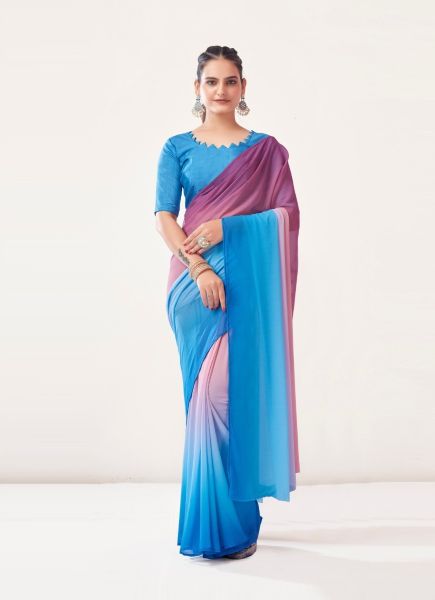 Sky Blue & Wine Georgette Shaded Ready-To-Wear Saree [Alia Bhatt Inspired Collection]