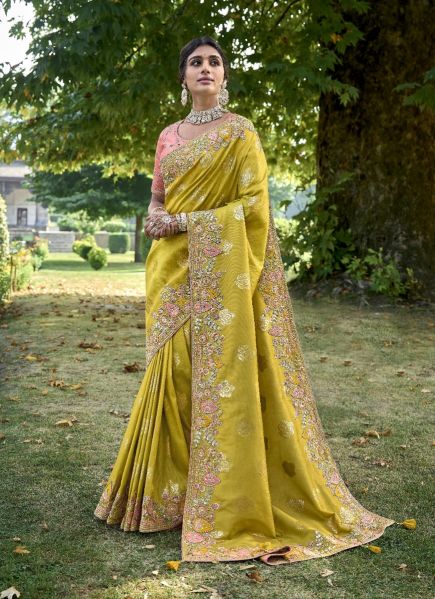 Lime Yellow Banarasi Silk Embroidered Party-Wear Saree