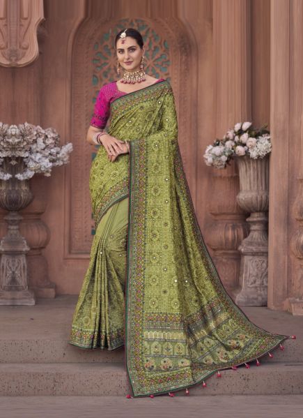 Olive Green Silk Handwork Wedding-Wear Bridal Saree