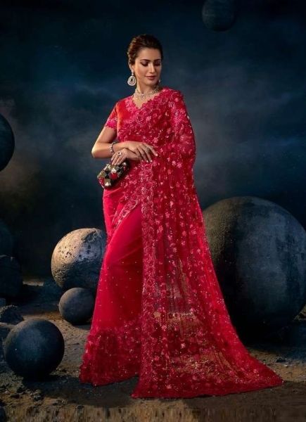 Crimson Red Net Hand-Embellished Bridal Saree For Wedding
