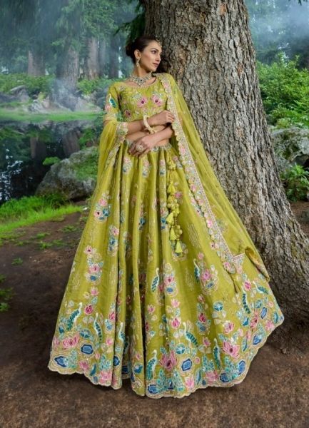 Light Olive Green Viscose Zari with Hand Embroidery Bridal Lehenga Choli For Weddings