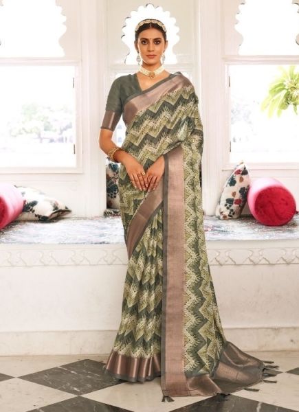 Sage Green Viscose Dola Silk Digitally Printed Saree For Traditional / Religious Occasions