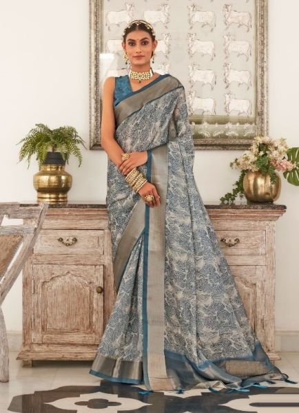 Steel Blue Viscose Dola Silk Digitally Printed Saree For Traditional / Religious Occasions