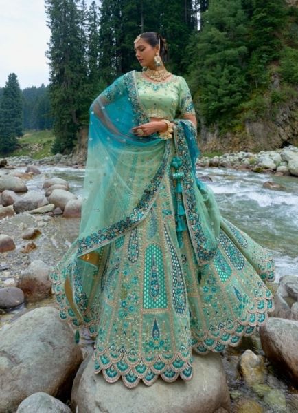 Light Teal Blue Viscose Zari with Hand Embroidery Bridal Lehenga Choli For Weddings