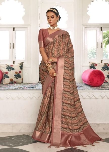 Coral Viscose Dola Silk Digitally Printed Saree For Traditional / Religious Occasions