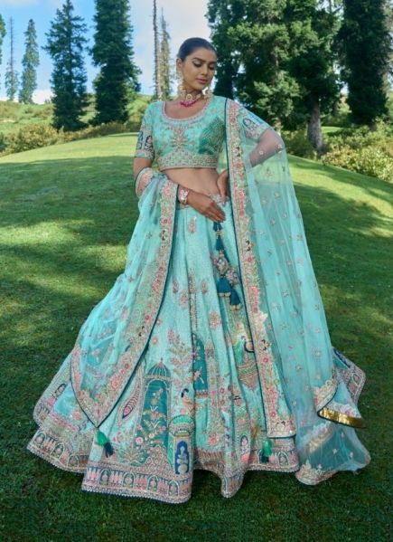 Aqua Viscose Zari with Hand Embroidery Bridal Lehenga Choli For Weddings