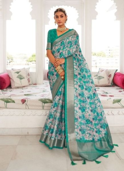 Teal Blue Viscose Dola Silk Digitally Printed Saree For Traditional / Religious Occasions