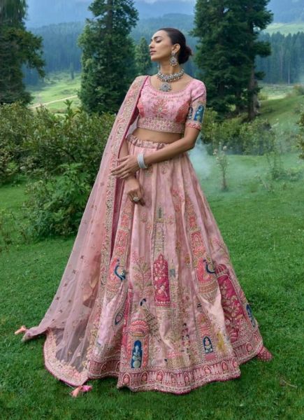 Pink Viscose Zari with Hand Embroidery Bridal Lehenga Choli For Weddings
