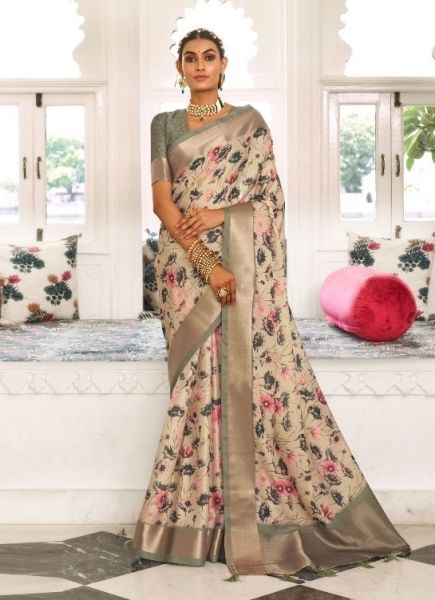 Beige Viscose Dola Silk Digitally Printed Saree For Traditional / Religious Occasions