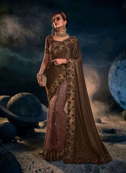 Dark Brown Imported Lycra & Net Hand-Embellished Bridal Saree For Wedding