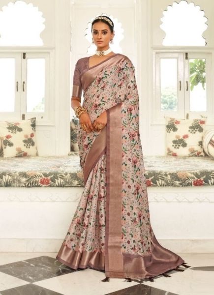 Light Pink Viscose Dola Silk Digitally Printed Saree For Traditional / Religious Occasions
