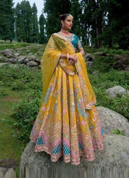 Yellow Viscose Zari with Hand Embroidery Bridal Lehenga Choli For Weddings