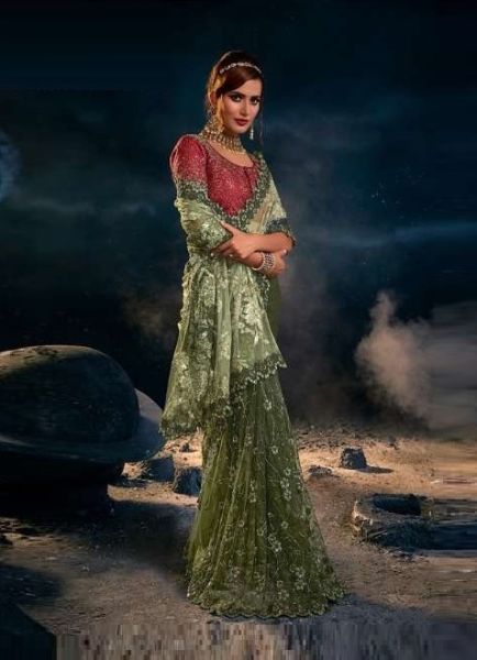 Olive Green Imported Lycra & Net Hand-Embellished Bridal Saree For Wedding