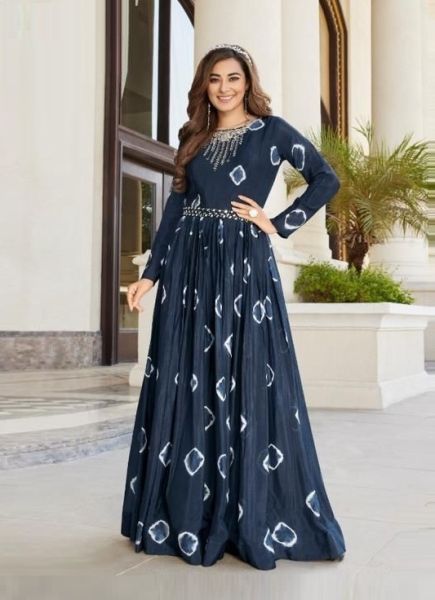 Navy Blue Pure Chinon With Batik Print Party Wear Floor-Length Readymade Gown [With Can-Can]