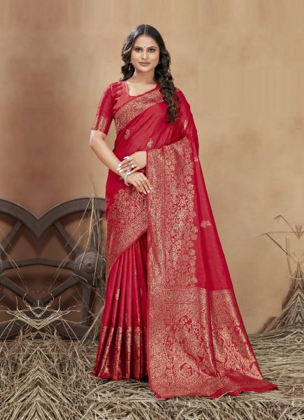 Dark Red Banarasi Silk Weaving Festive-Wear Saree