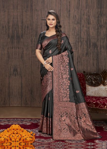 Black Banarasi Silk Weaving Festive-Wear Saree