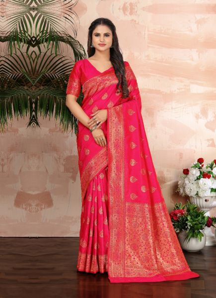 Pink Red Banarasi Silk Weaving Festive-Wear Saree