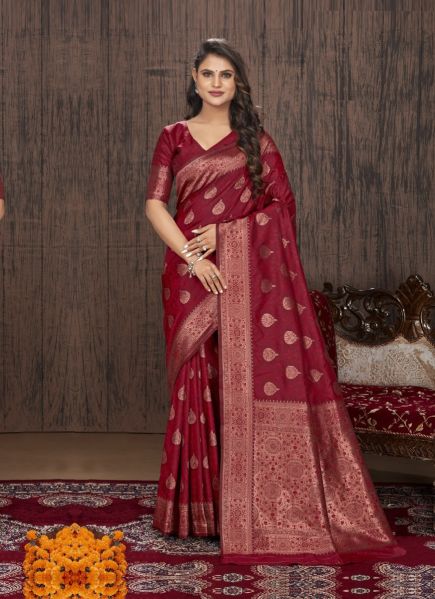 Maroon Banarasi Silk Weaving Festive-Wear Saree