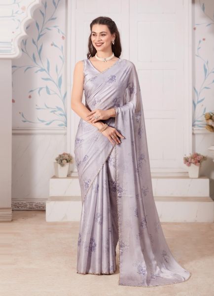Light Gray Satin Georgette Digitally Printed Carnival Saree For Kitty Parties