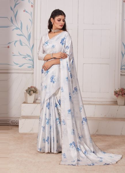 White Satin Georgette Digitally Printed Carnival Saree For Kitty Parties