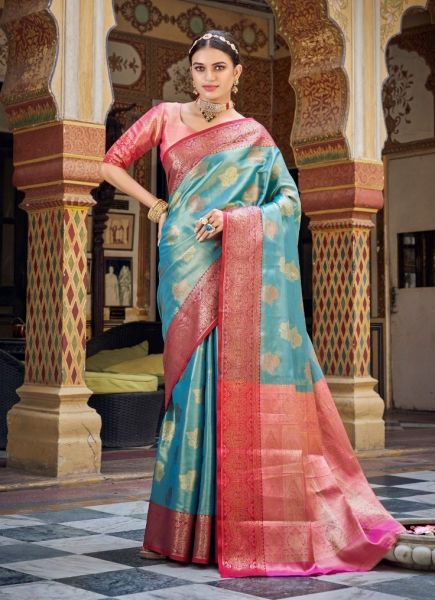 Light Blue Banarasi Silk Handloom Weaving Festive-Wear Saree