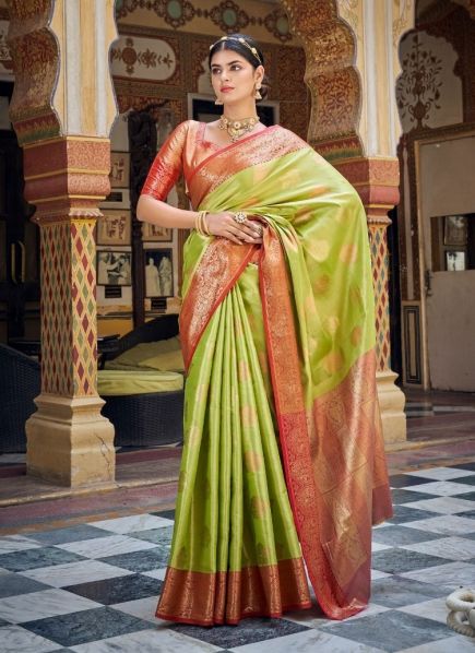 Light Parrot Green Banarasi Silk Handloom Weaving Festive-Wear Saree