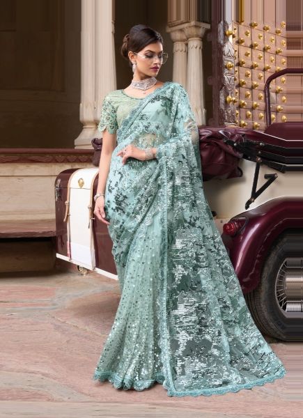 Light Aqua Net With Imported & Hand-Work Wedding-Wear Bridal Saree