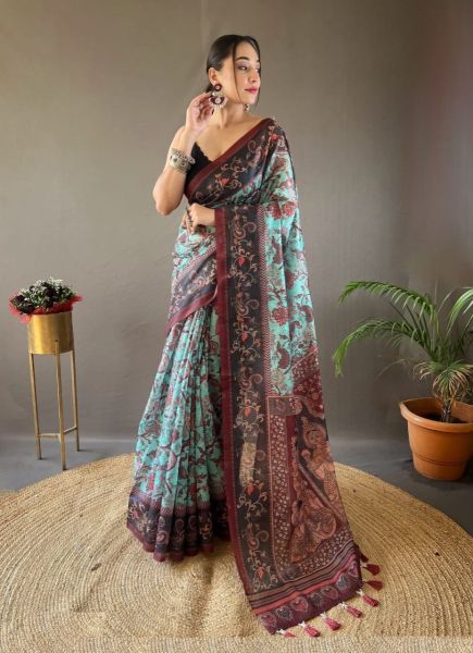 Sky Blue Cotton Printed Handloom Saree For Kitty Parties