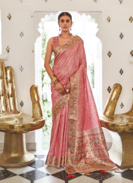 Pink Satin Crepe Digitally Printed Festive-Wear Saree
