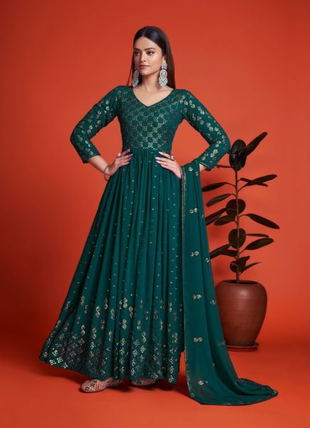 Dark Teal Blue Blooming Georgette Sequins-Work Party-Wear Gown With Dupatta