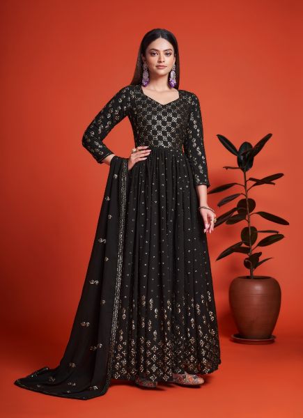 Black Blooming Georgette Sequins-Work Gown With Dupatta