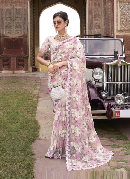 White & Pink Net Handwork Wedding-Wear Bridal Saree