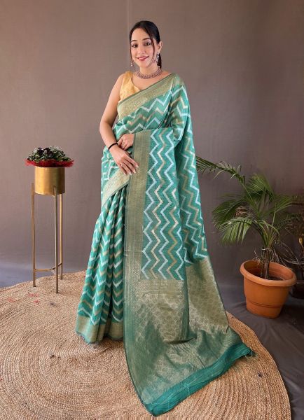 Light Teal Blue Woven Cotton Linen Leheriya Saree For Traditional / Religious Occasions