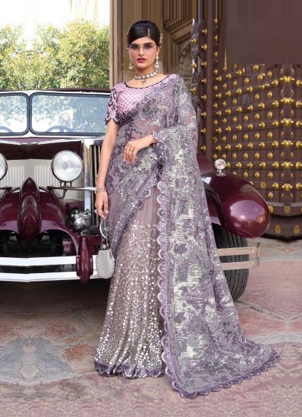 Light Lilac Net Imported & Hand-Work Wedding-Wear Bridal Saree