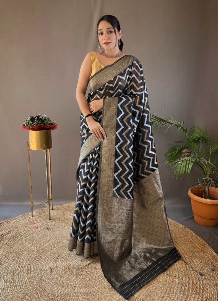 Black Woven Cotton Linen Leheriya Saree For Traditional / Religious Occasions