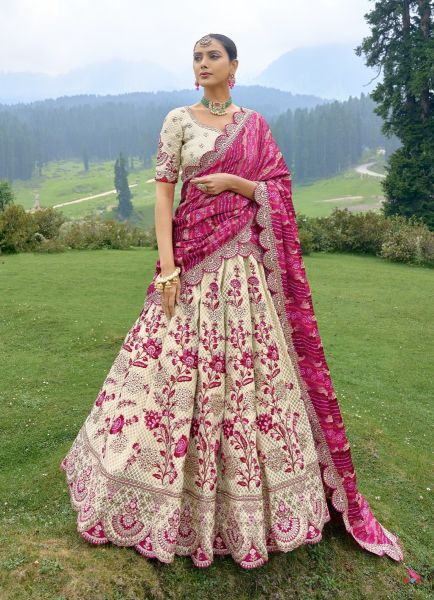 Cream & Purple Silk Handwork Wedding-Wear Bridal Lehenga Choli