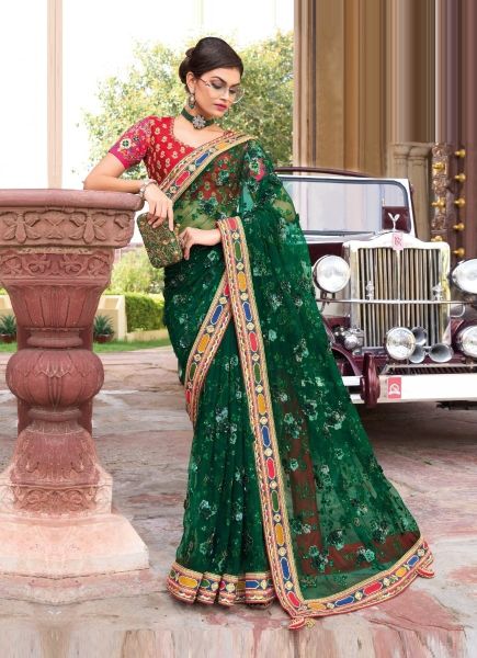 Green Net With Sequins, Thread, Mirror & Hand-Work Wedding-Wear Bridal Saree