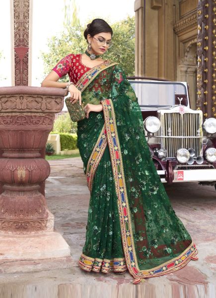 Green Net Handwork Wedding-Wear Bridal Saree