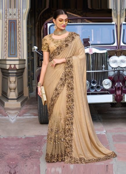 Burlywood Imported Net With Sequins & Hand-Work Wedding-Wear Bridal Saree